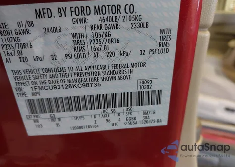 2008 Ford Escape Xlt z USA, uszkodzony, nr VIN 1FMCU93128KC98735